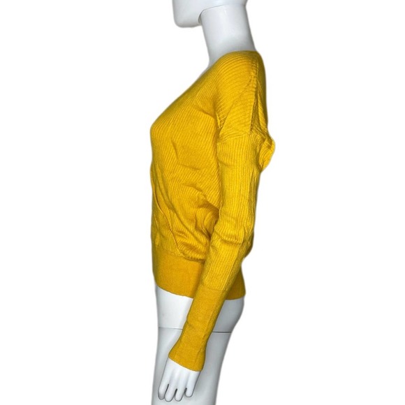Elodie Women's Mustard Yellow Ribbed Knit Surplice Neck Long Sleeve Pullover Top - Picture 3 of 4